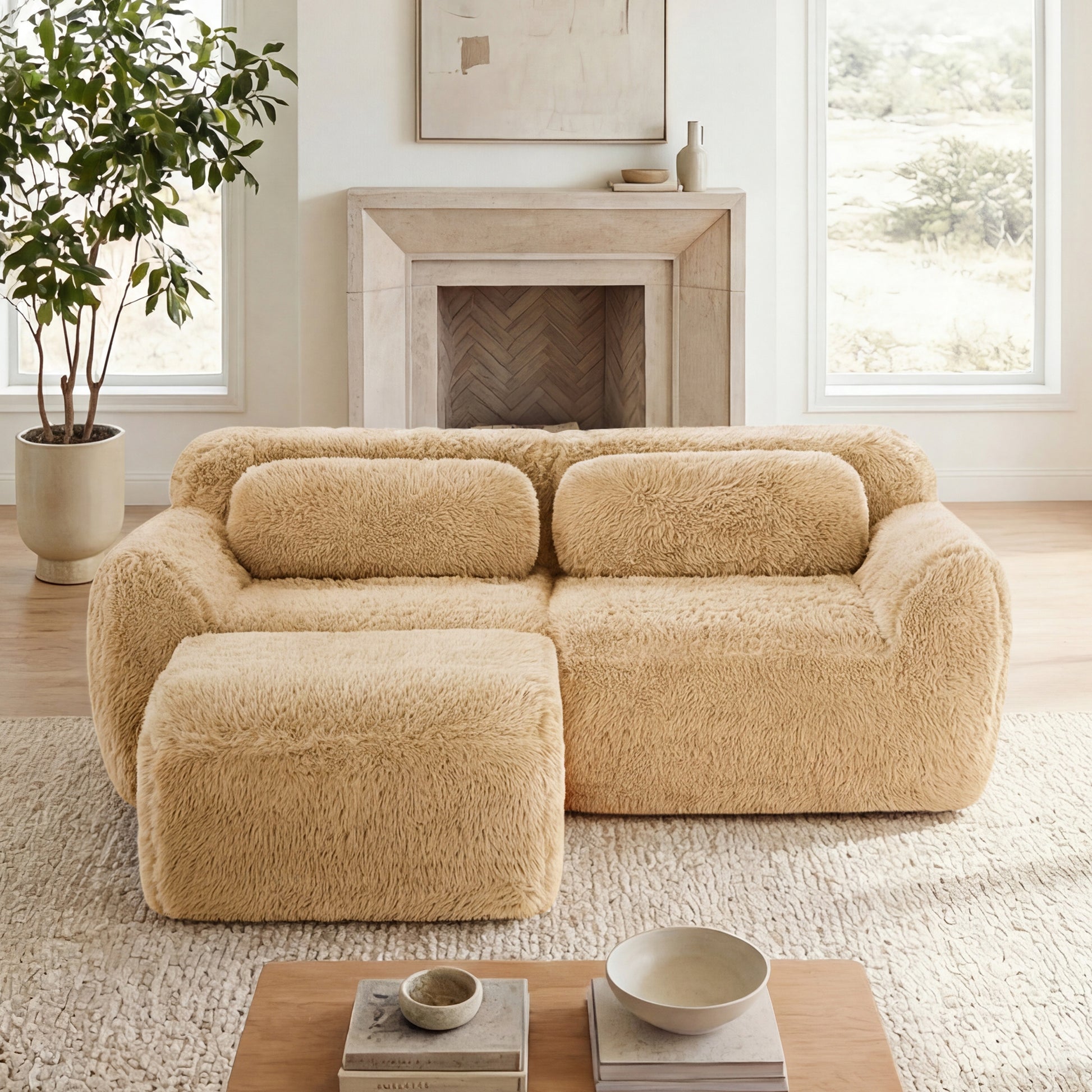 L-shaped Boneless Sofa,Soft Fluffy Plush Fabric,With Chaise 32D High Density Sponge,No Assembly Required,Ergonomic Design Bottom Anti-Slip Design,With Throw Pillows,Fits Bedrooms,Light Khaki image 1