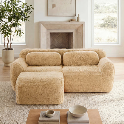 L-shaped Boneless Sofa,Soft Fluffy Plush Fabric,With Chaise 32D High Density Sponge,No Assembly Required,Ergonomic Design Bottom Anti-Slip Design,With Throw Pillows,Fits Bedrooms,Light Khaki image 1