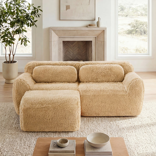 L-shaped boneless sofa with chaise, soft plush fabric, light khaki - front view