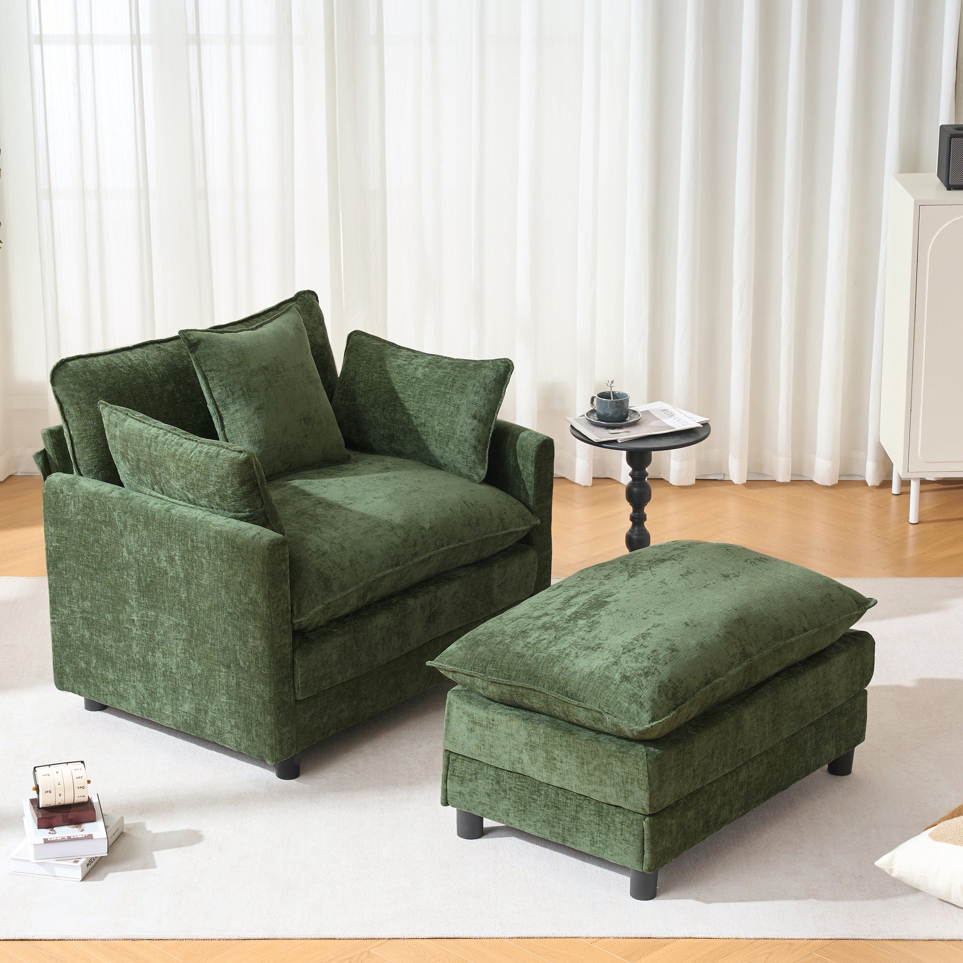 39.4" Modern Accent Chair with Ottoman, Living Room Club Chair Chenille Upholstered Armchair, Reading Chair for Bedroom, Green Chenille image 6