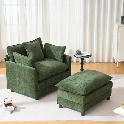 39.4" Modern Accent Chair with Ottoman, Living Room Club Chair Chenille Upholstered Armchair, Reading Chair for Bedroom, Green Chenille image 6