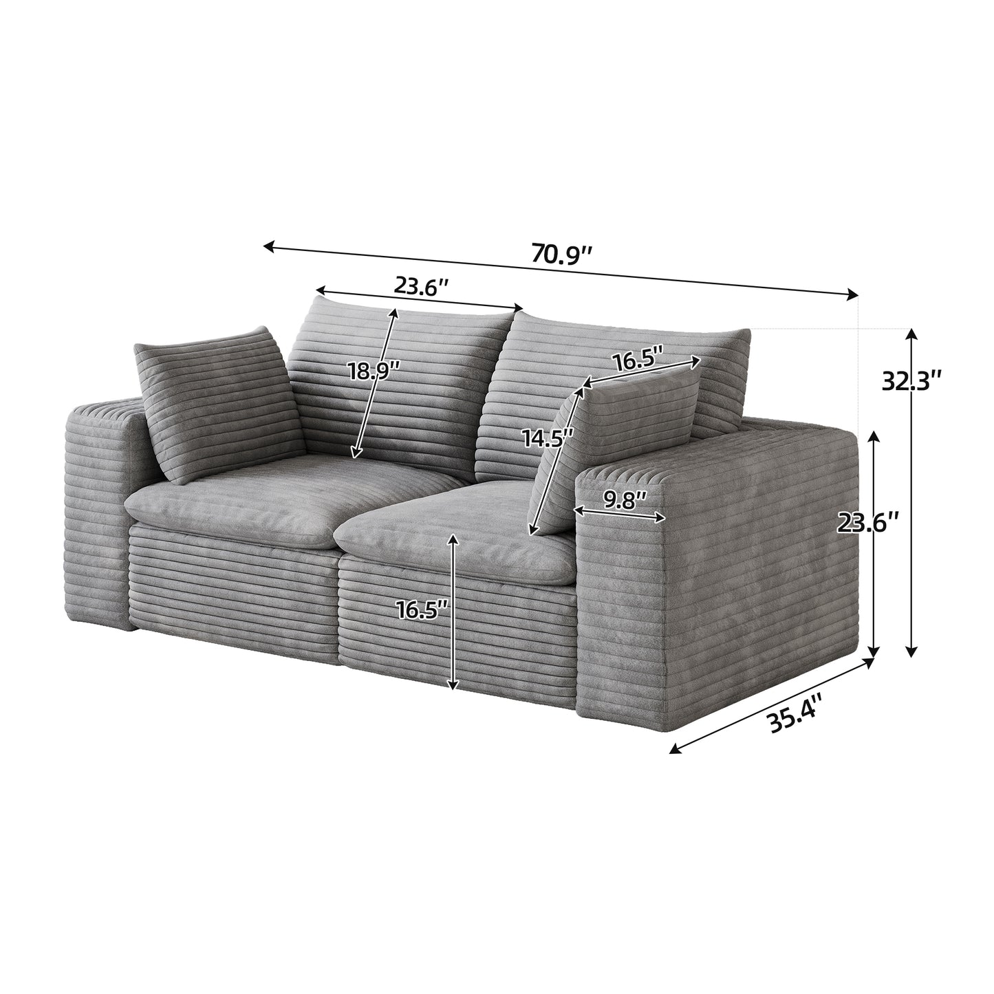 71" Cloud Sofa,Corduroy Fabric,Deep Seat Couches,Double-layer design,Removable Cushion,No Assembly, DIY Combination for Living room, Bedroom,Conference room,Apartment,Grey image 6