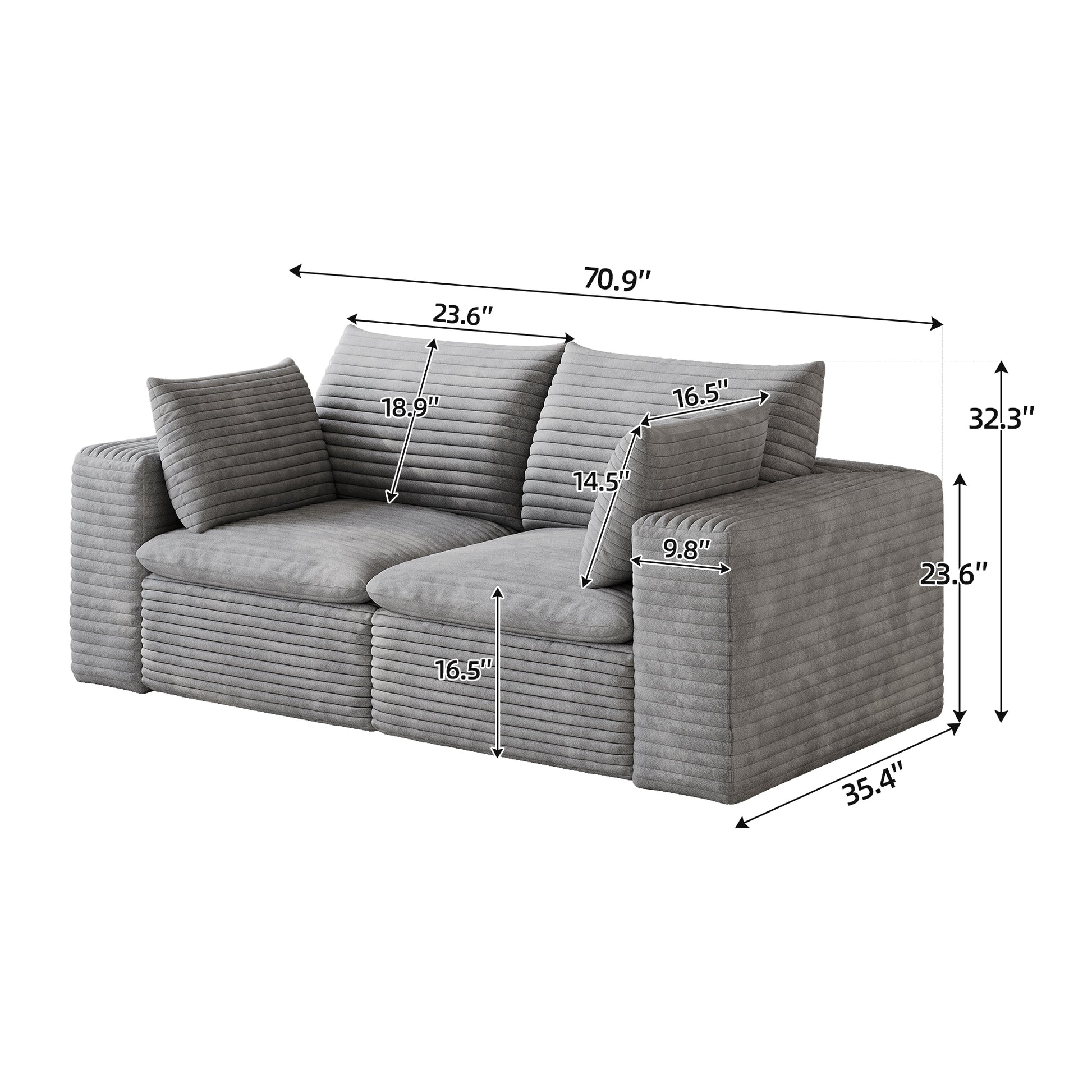 71" Cloud Sofa,Corduroy Fabric,Deep Seat Couches,Double-layer design,Removable Cushion,No Assembly, DIY Combination for Living room, Bedroom,Conference room,Apartment,Grey image 6