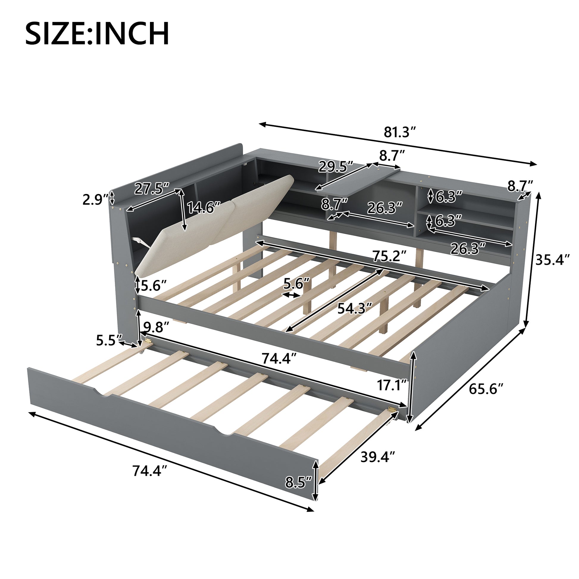 Wood Full Size platform bed with Trundle, Shelves and Storage Headboard, Gray image 5