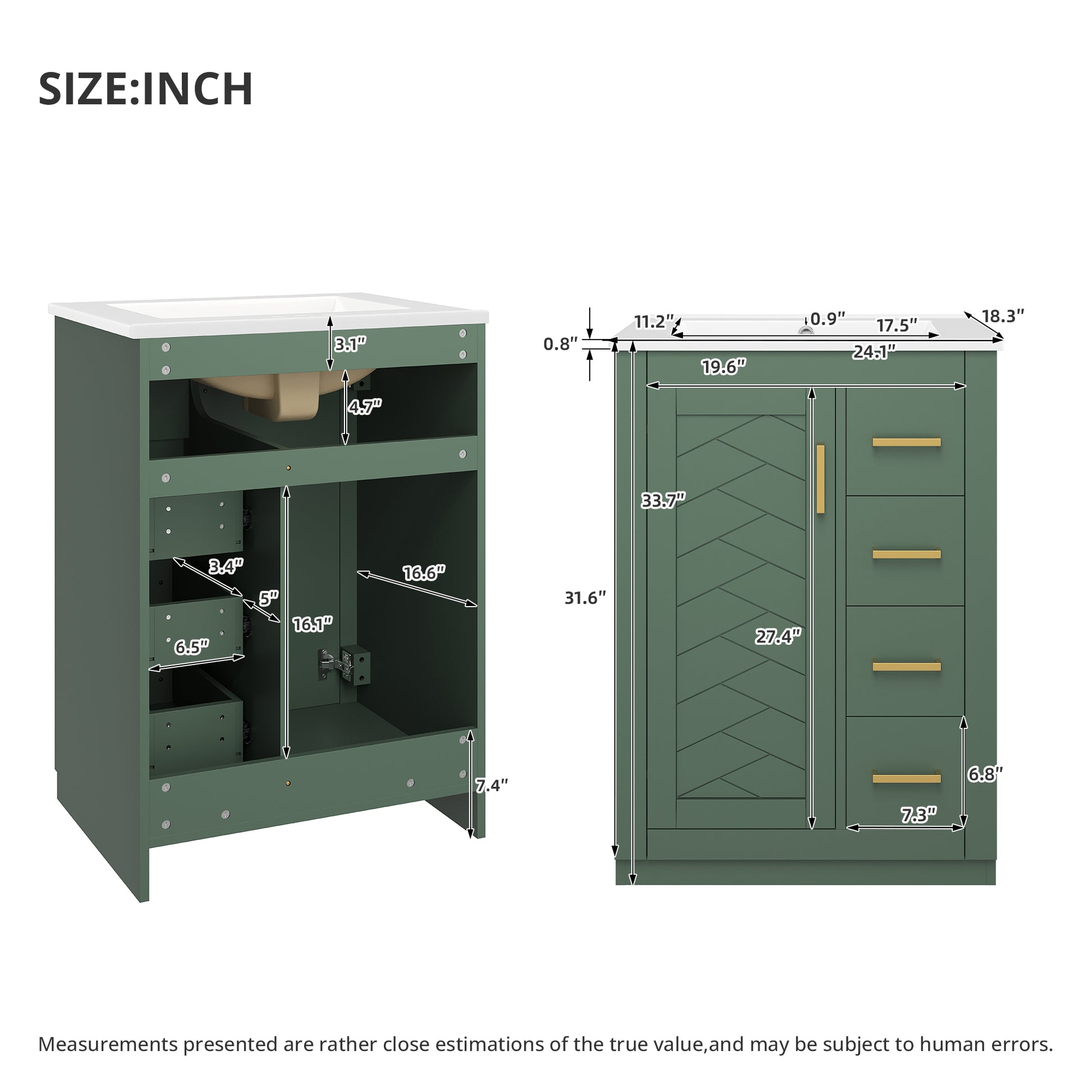 24" Bathroom Vanity with Integrated Ceramic Sink, Bathroom Cabinet with 1 Door, 3 Drawers, Single Sink Bathroom Vanity for Small and Medium Restroom, Green image 8