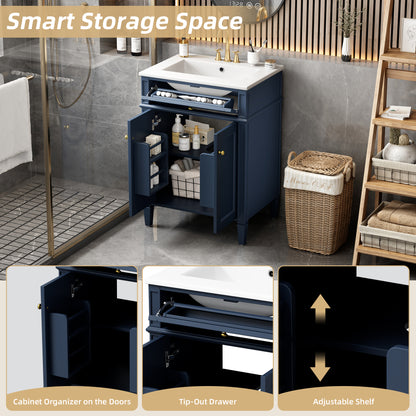 24" Bathroom Vanity with 2 Doors and Tip-Out Drawer, Bathroom Storage Cabinet with Sink, Soft-Closing Doors with Organizers image 8