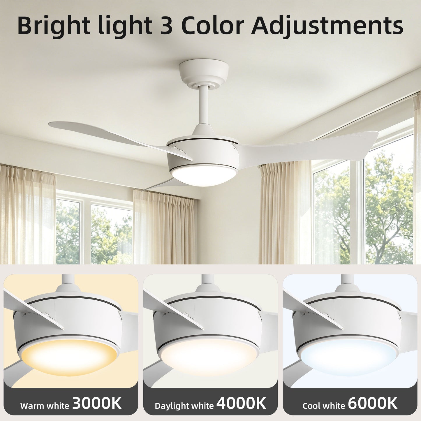 42-inch white ceiling fan with light, Quick-install, Dimmable, DC reversible motor, Timer function (1/4/8 hours), Light with memory function image 6