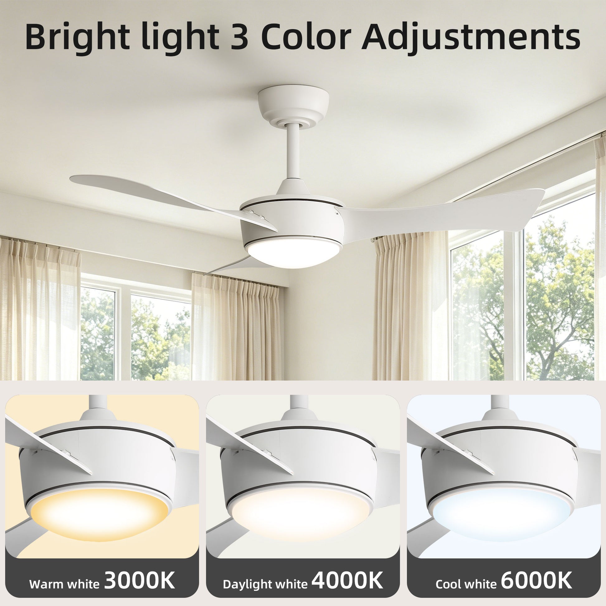 42-inch white ceiling fan with light, Quick-install, Dimmable, DC reversible motor, Timer function (1/4/8 hours), Light with memory function image 6