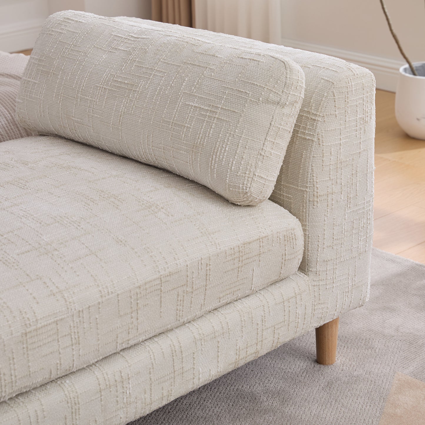 83.1"Wide Modern Upholstered End of Bed Bench with Armrests, Chenille Chaise Lounge Couch with 2 Bolster Pillows, Daybed with Rubberwood Legs For Living Room,Bedroom,Apartment,Guestroom, Beige image 6
