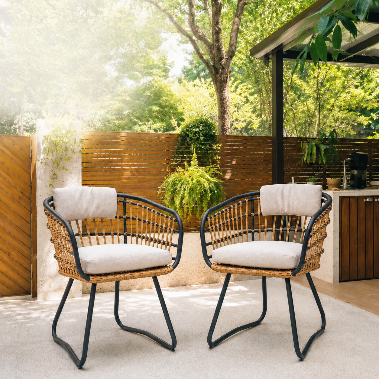 Outdoor Wicker Dining Chairs Set of 2, Patio Dining Chairs with Cushions, Rattan Dining Armchairs for Lawn, Garden, Poolside, Backyard, Porch, Beige image 1