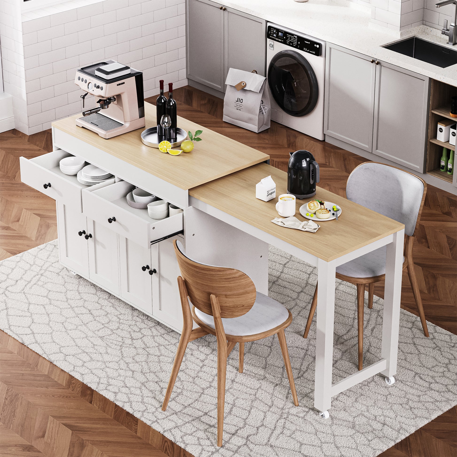 K&K 74.5 inch Kitchen Island with Extendable Dining Table, Rolling Kitchen Island on Wheels with Spice Rack and 2 Drawers, 4 Door Cabinet, for Kitchen, Dining Room, White (One Package) image 1