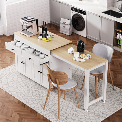 K&K 74.5 inch Kitchen Island with Extendable Dining Table, Rolling Kitchen Island on Wheels with Spice Rack and 2 Drawers, 4 Door Cabinet, for Kitchen, Dining Room, White (One Package) image 1