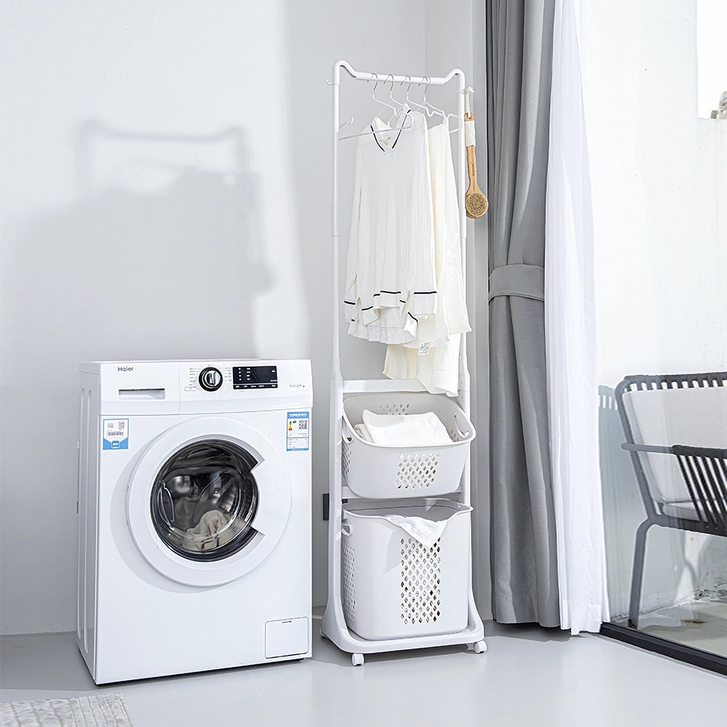 2-Tier Laundry Hamper Sorter with Hanging Bar, Rolling Laundry Baskets with Wheels Removable, Stackable Laundry Cart Organizer and Storage for Small Space, Dorm, Closet, Bathroom image 6