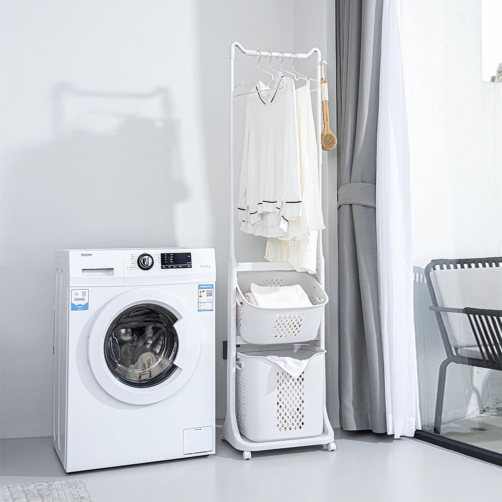 2-Tier Laundry Hamper Sorter with Hanging Bar, Rolling Laundry Baskets with Wheels Removable, Stackable Laundry Cart Organizer and Storage for Small Space, Dorm, Closet, Bathroom image 6