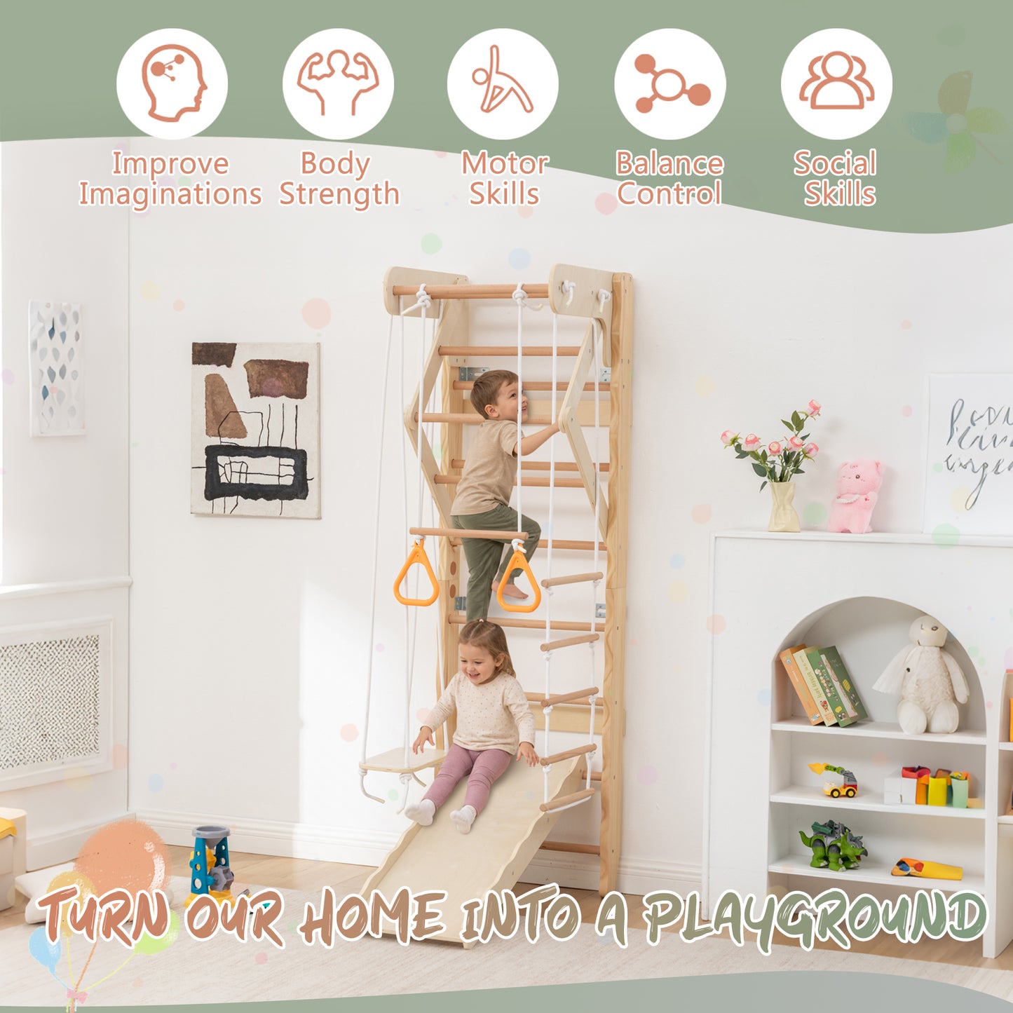 6-in-1 Swedish Ladder Wall Gym, Indoor Kids Playground with Swing, Rope Ladder, Pull-Up Bar, Slide, Gymnastic Rings, Wooden Wall Mounted Indoor Play Set for Kids & Adults image 8