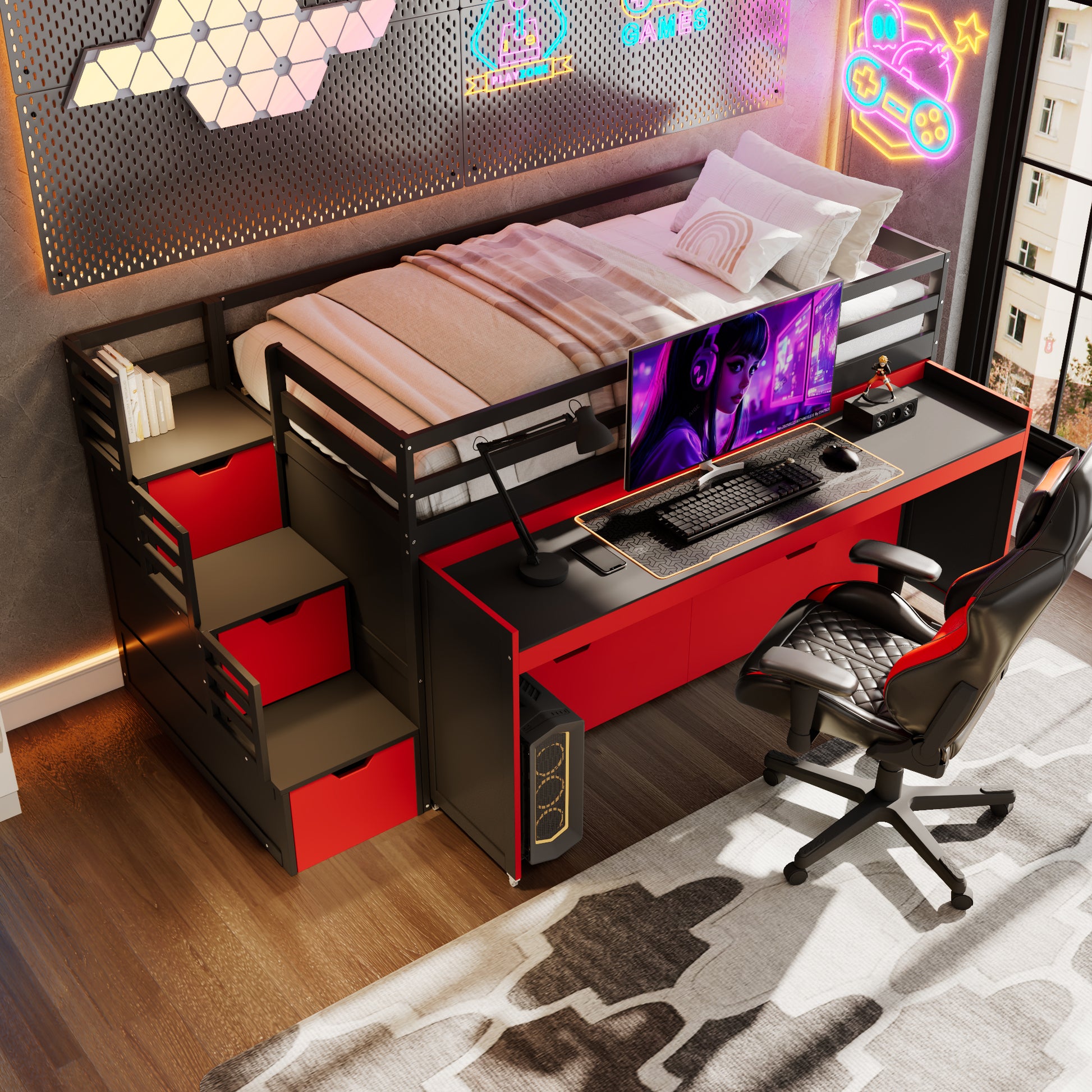 Twin XL Loft Bed with Pull-Out Desk and Twin Trundle, Multi-Functional Bunk Bed with 2 Storage Drawers and Storage Steps, Space-Saving Gaming & Workstation Bedframe, Black+Red image 4