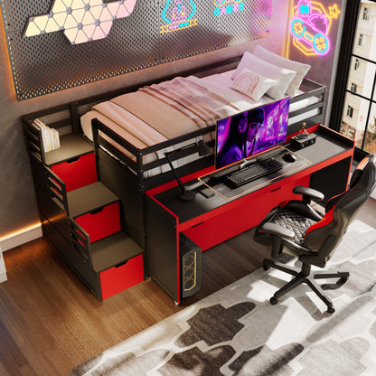 Twin XL Loft Bed with Pull-Out Desk and Twin Trundle, Multi-Functional Bunk Bed with 2 Storage Drawers and Storage Steps, Space-Saving Gaming & Workstation Bedframe, Black+Red image 4