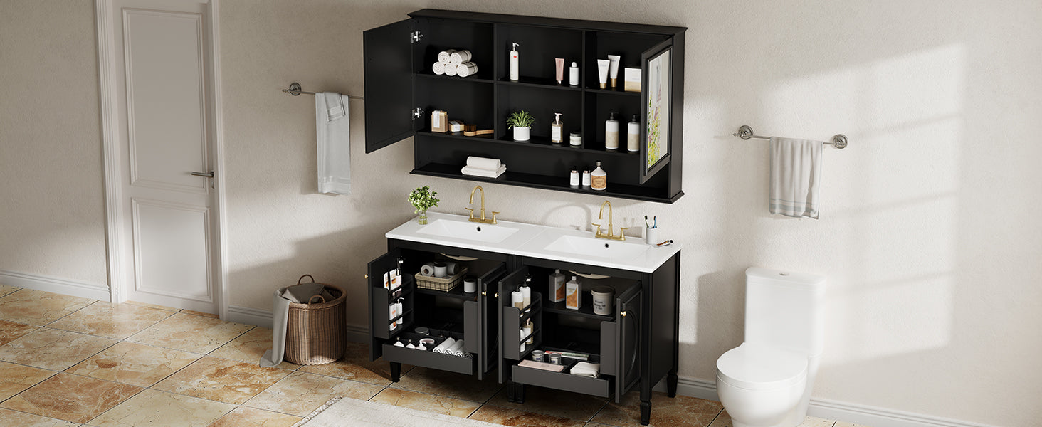 60" Double Sink Bathroom Vanity Set with Matching Wall Mount Medicine Cabinet, Vintage Raised Round Panel Doors & Tapered Legs, Soft Close Hinges, Adjustable Storage Shelves, Black image 10
