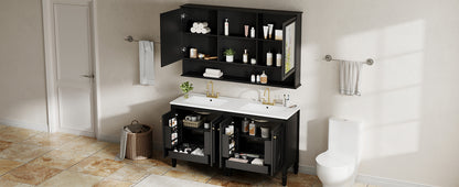 60" Double Sink Bathroom Vanity Set with Matching Wall Mount Medicine Cabinet, Vintage Raised Round Panel Doors & Tapered Legs, Soft Close Hinges, Adjustable Storage Shelves, Black image 10