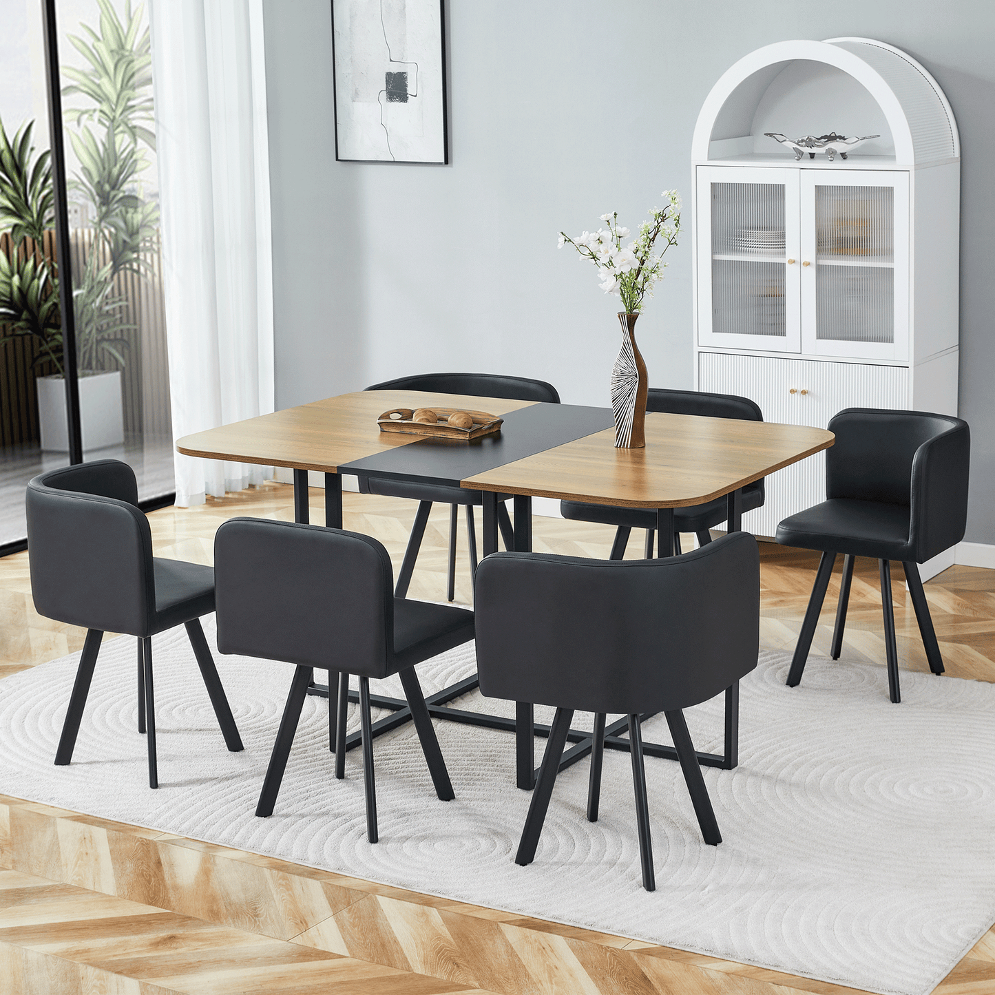 7-Piece Dining Table Set for 6, 1 Table & 6 Black PU Upholstered Chairs, Black & Wood Grain Melamine Table, Modern Kitchen Nook Set for Dining Room, Apartment & Small Space image 4