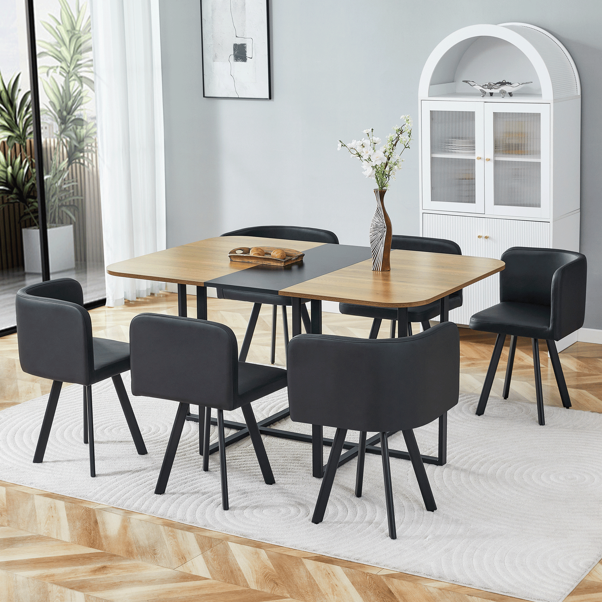 7-Piece Dining Table Set for 6, 1 Table & 6 Black PU Upholstered Chairs, Black & Wood Grain Melamine Table, Modern Kitchen Nook Set for Dining Room, Apartment & Small Space image 4