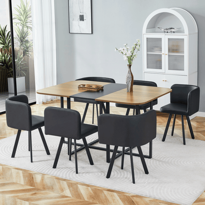 7-Piece Dining Table Set for 6, 1 Table & 6 Black PU Upholstered Chairs, Black & Wood Grain Melamine Table, Modern Kitchen Nook Set for Dining Room, Apartment & Small Space image 4