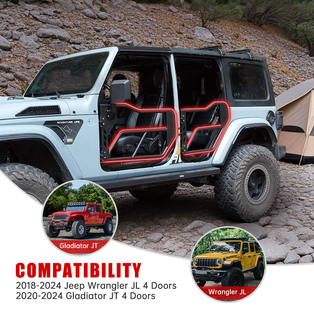 Tube Doors with Side View Mirror for 2018-2026 Jeep Wrangler JL JLU & Gladiator JT 4-Doors (Includes 4XE) 4-piece set Off Road Summer Trail Adventure image 3