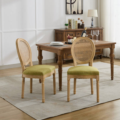A&A Furniture,French Style Solid Wood Frame Antique Painting Linen Fabric Rattan Back Dining Chair,Set of 2,Olive-Green image 1