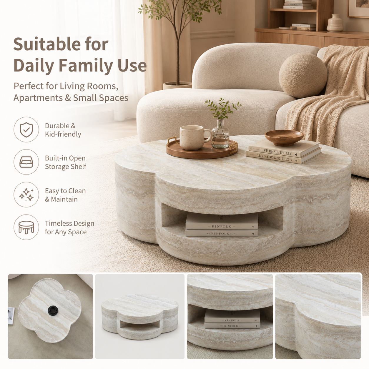 31.5" Clover Round Faux Marble Coffee Table – No Assembly Required, Anti-Slip Raised Edge, Open Storage Shelf, Scratch & Stain Resistant, Modern Minimalist Living Room Table image 3