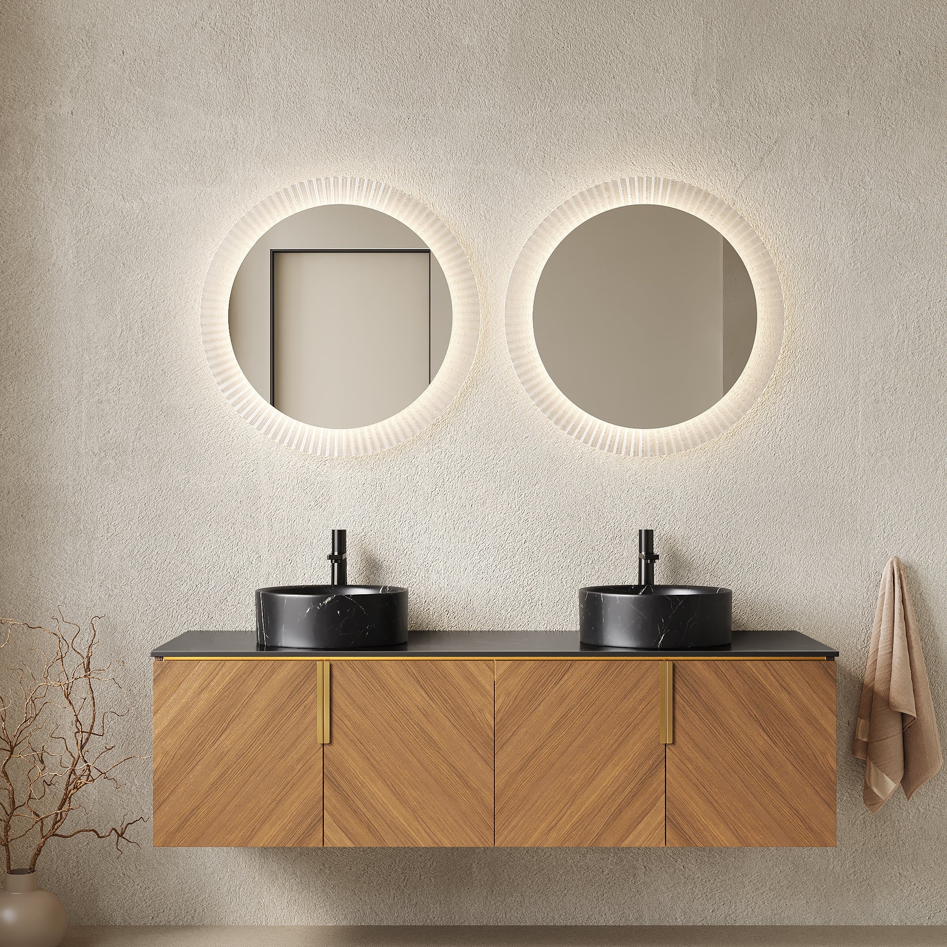 ARAI 60" Bathroom Vanity&Sinks, Wall-Mounted Plywood Bathroom Storage Cabinet with 4 Doors, 2 Black Round Ceramic Basins with Stone Pattern & Black Sintered Stone Countertop, Brown Oak Woodgrain Color image 1
