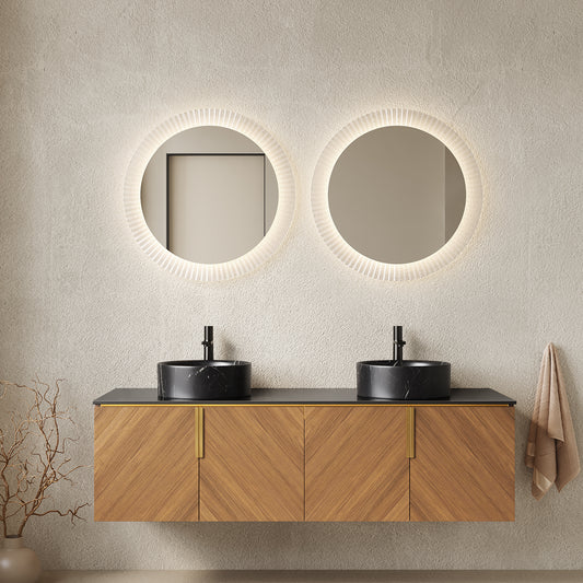 ARAI 60 inch bathroom vanity with two black ceramic basins and brown oak cabinet front view