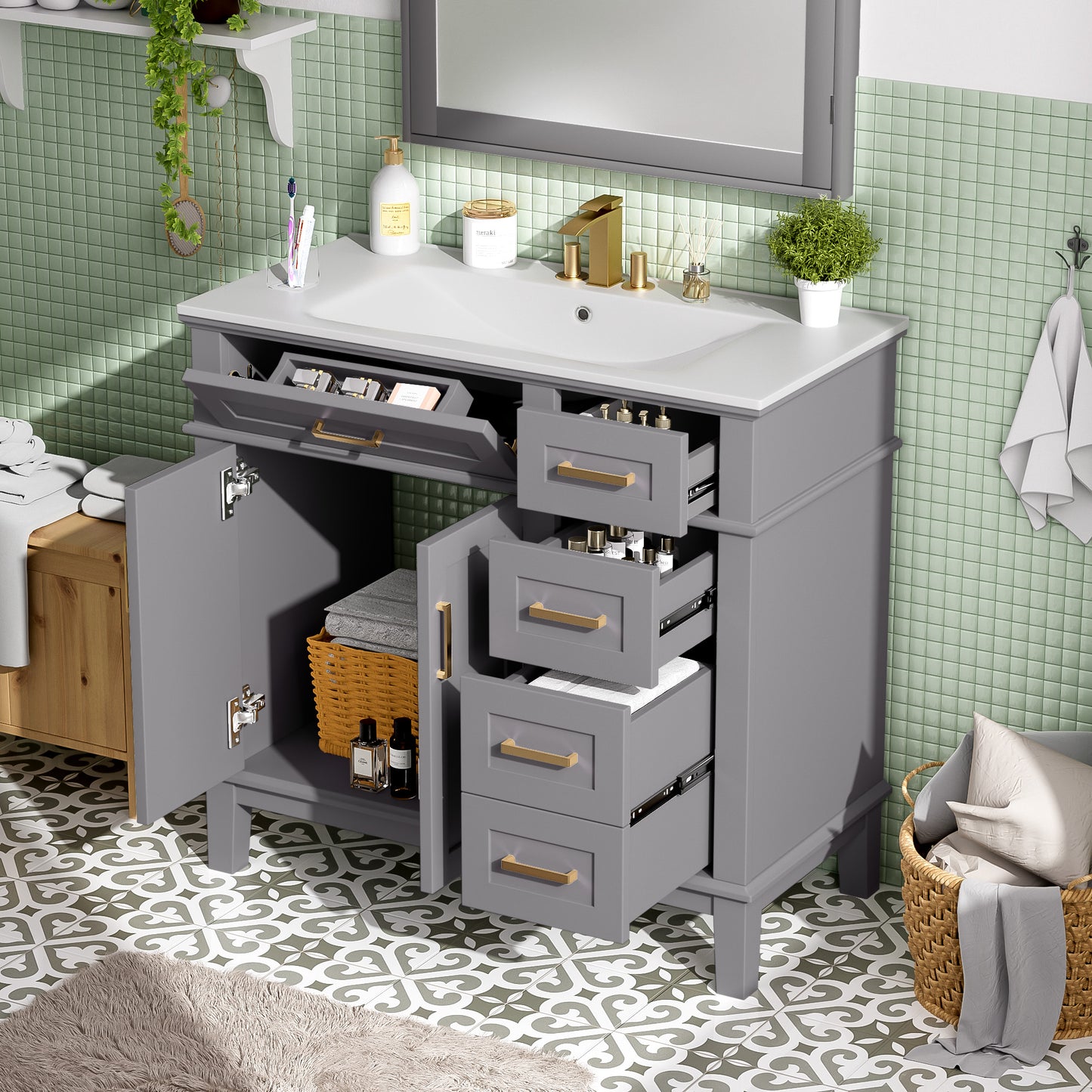 36" Gray Modern Bathroom Vanity with Ceramic Sink, Soft-Close Door, and 4 Storage Drawers,offering a refined look with practical everyday functionality.(Old SKU:N729P253935E) image 1