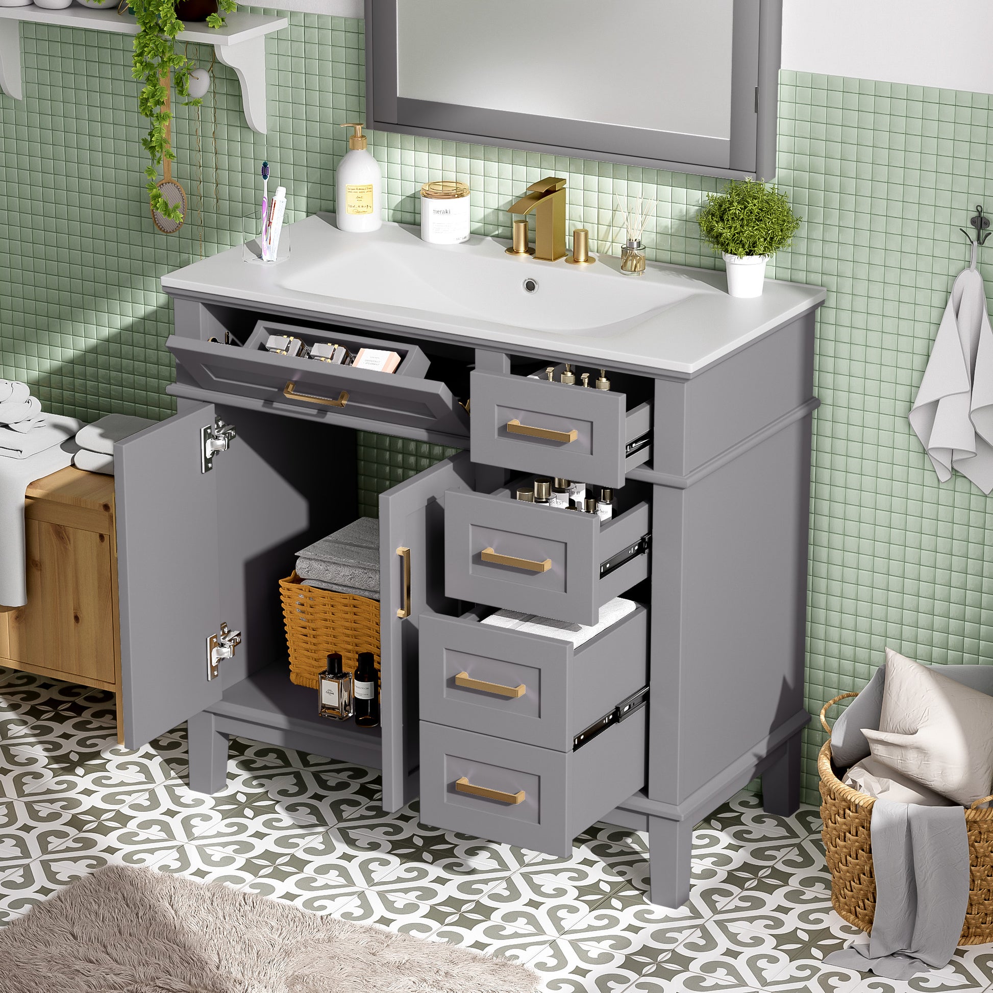 36" Gray Modern Bathroom Vanity with Ceramic Sink, Soft-Close Door, and 4 Storage Drawers,offering a refined look with practical everyday functionality.(Old SKU:N729P253935E) image 1