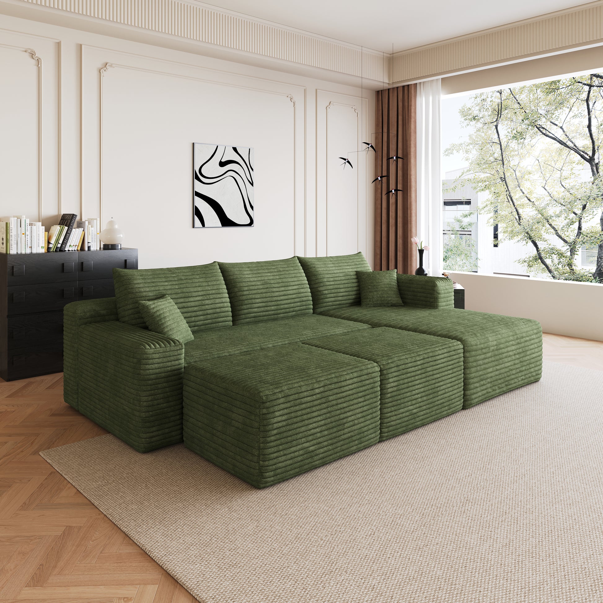 95" Cloud Sectional Sofa with 2 Ottoman,Modern Minimalist Upholstered Couches, Comfort U Shaped Sofa for Living Room,Deep Seat Corner Couch,No Assembly Required,Green(Plush Corduroy Fabric) image 5