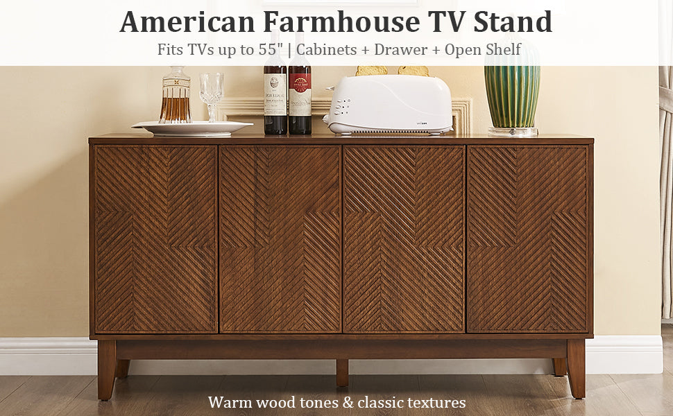 56" Mid Century Modern TV Stand, Wood Storage Cabinet with Carved Geometric Doors, 4 Door Media Console, Sideboard Buffet Cabinet for Living Room, Dining Room, Entryway image 4