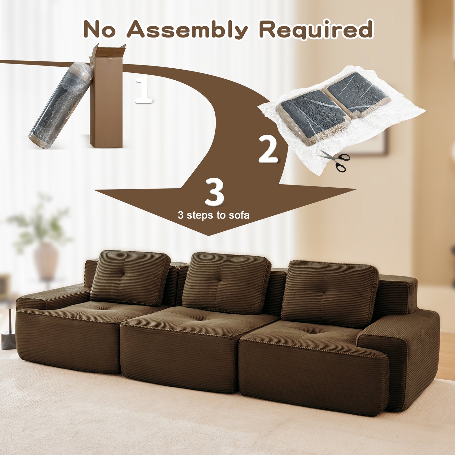 117" Modern Modular Sectional Sofa for Living Room, Corduroy Fabric,Oversized 3-Seater Couch with Deep Seat, Pearl-like piping, Tufted Design,Buckle connection,No Assembly,Anti-slip Design,Brown image 6