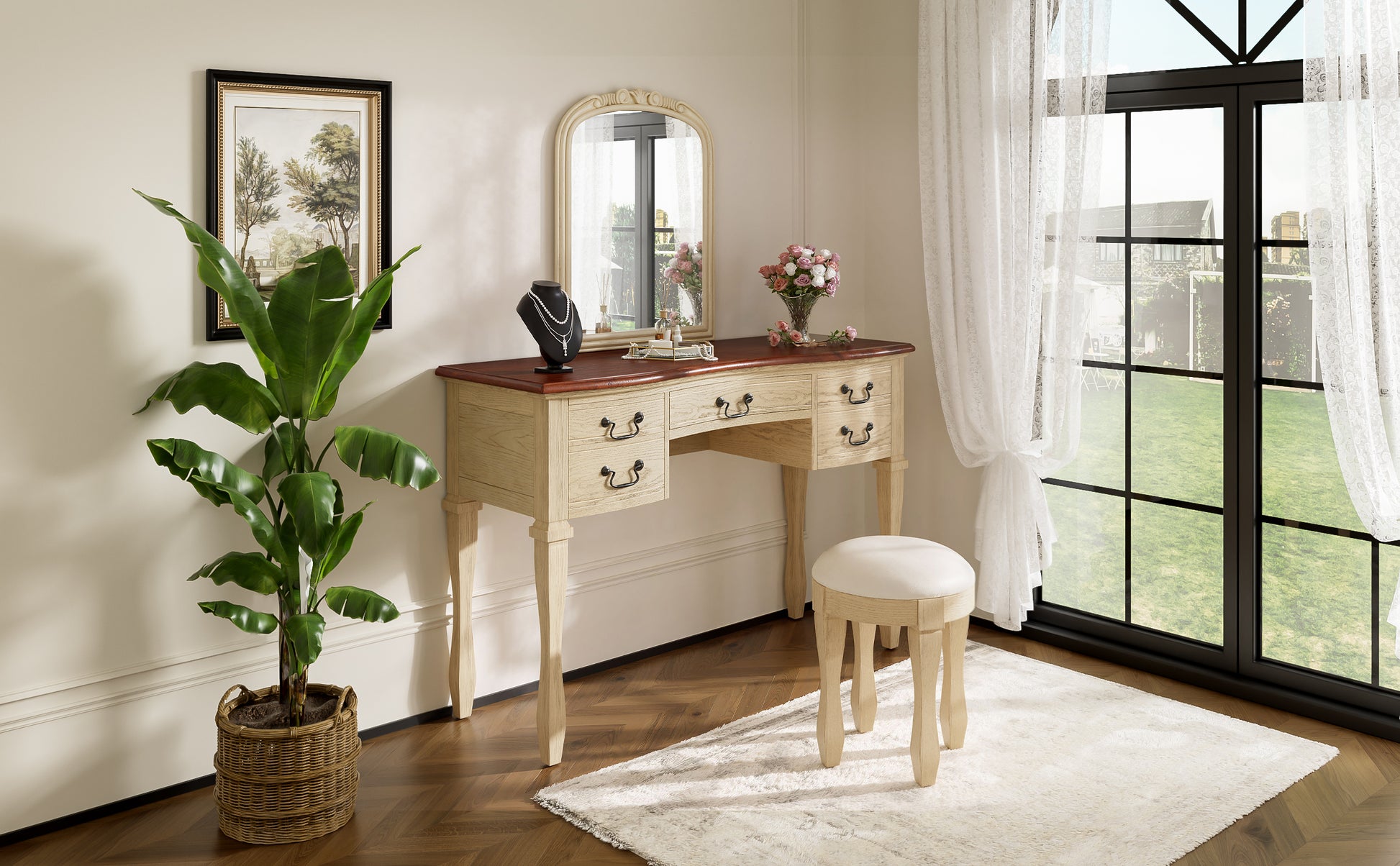 46" Vintage Makeup Vanity with Curved Flower Frame Mirror, Elegant Dressing Table with 5 Drawers and Leather Stool, Vanity Desk with Solid Wood Legs and Antique Handles for Bedroom image 10