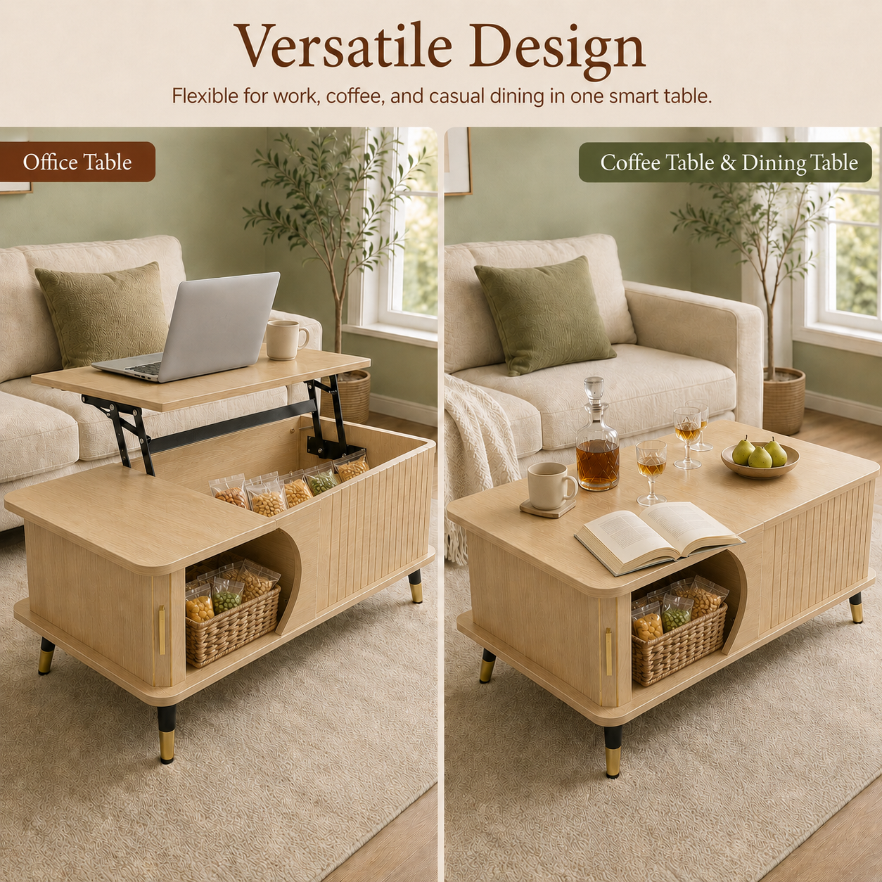 Wood Lift Top Coffee Table with Hidden Compartment and Large Storage Shelf, Lift Tabletop Dining Center Table for Home Living Room Office,Natucal image 4