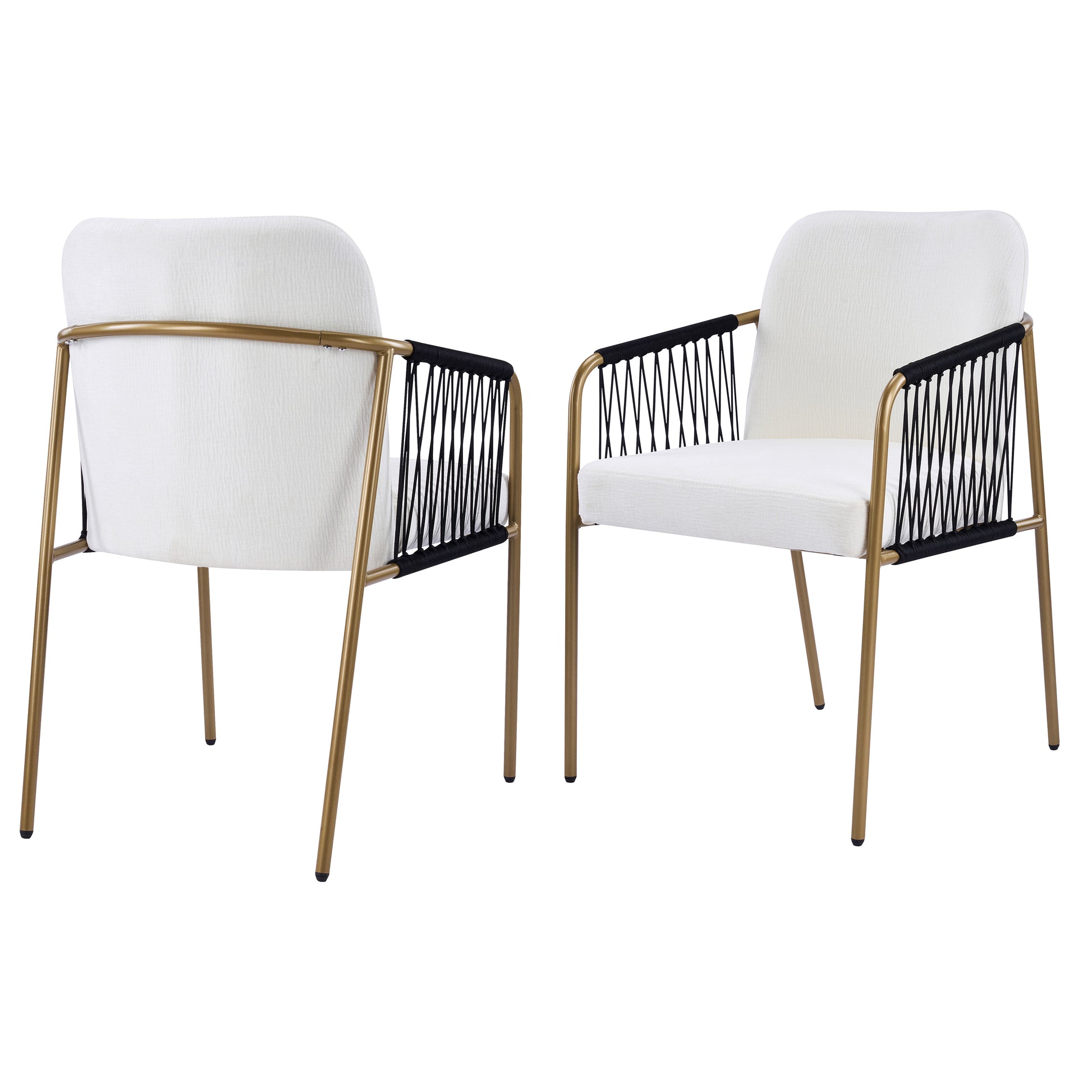 Modern Glam Upholstered Dining Chairs (Set of 2),Gold Metal Frame with Black Woven Armrests, Beige Fabric Seat image 3