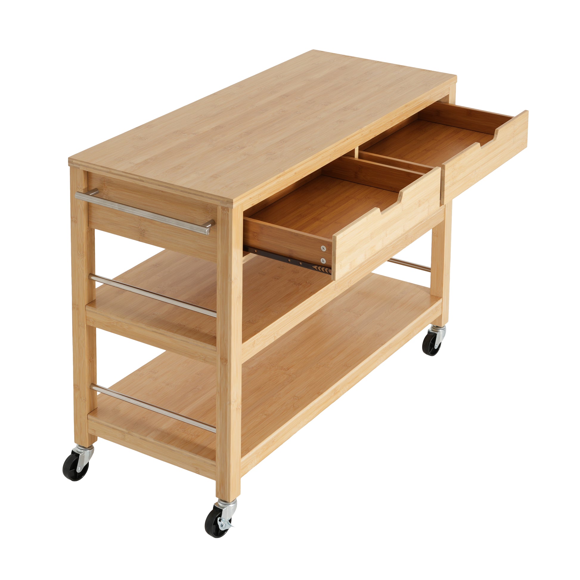 Indoor Multifunctional Natural Bamboo Bar Cart with Locking Wheels, Drawers, and Open Shelves - Ideal for Kitchen, Dining, and Entertaining image 9