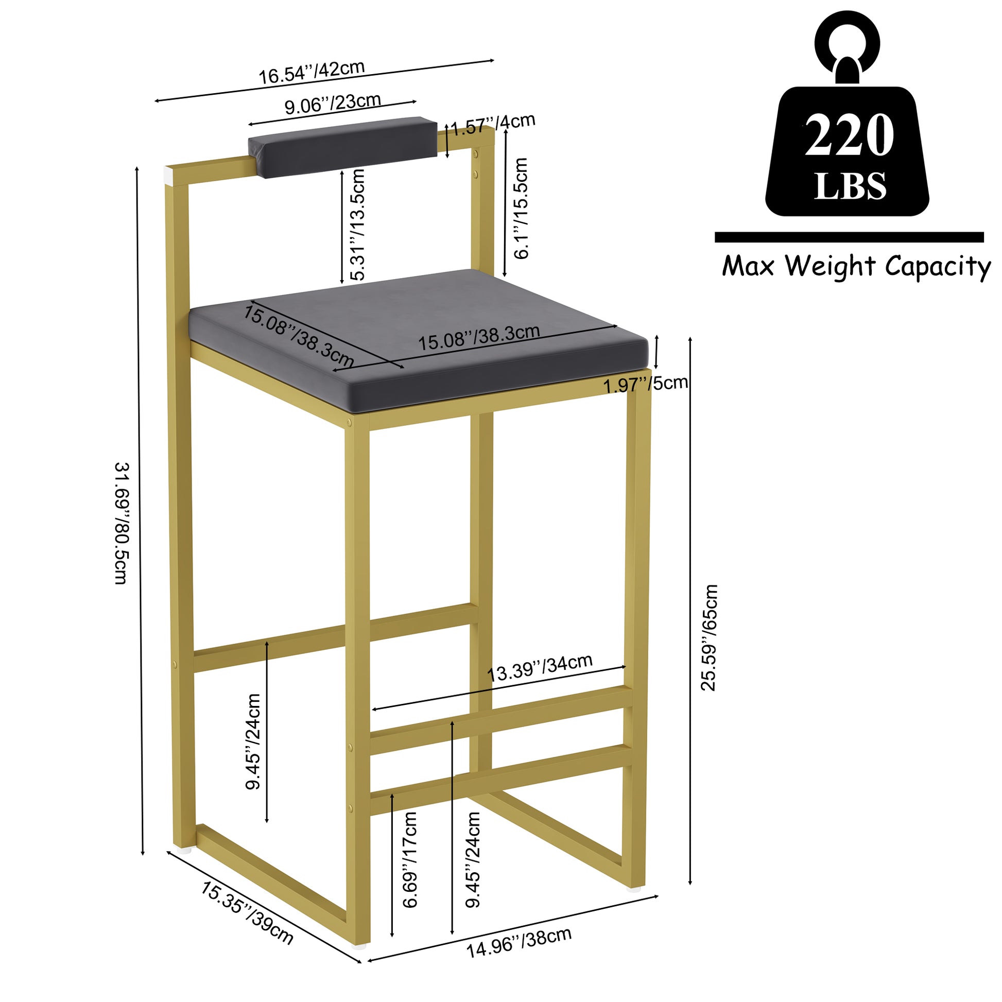 Set of 2 Bar Stools with Backrest & Footrest Counter Height Velvet Upholstered Dining Chairs for Kitchen Island (Gold & Gray) image 4