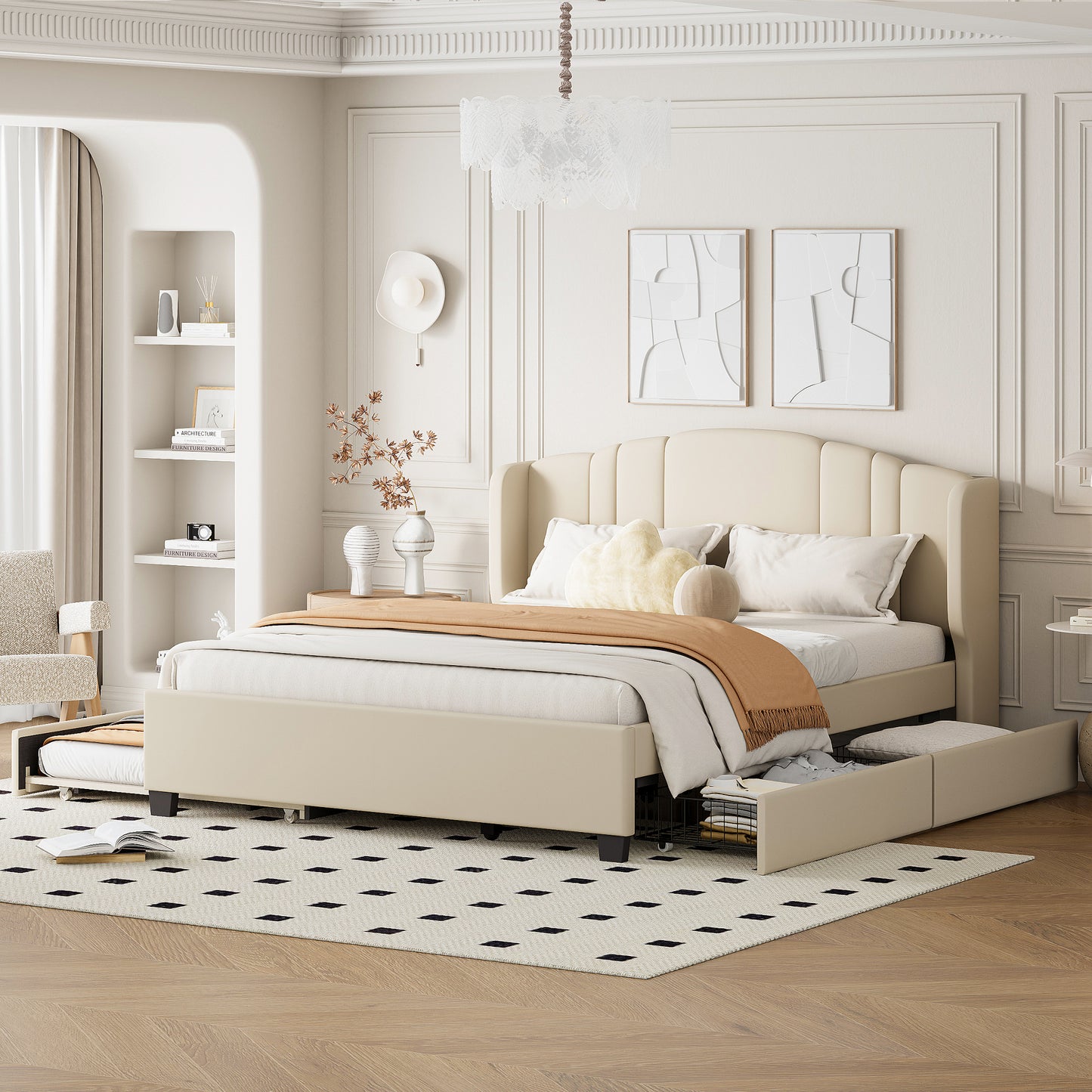 Upholstered Platform Bed with Wingback Headboard, One Twin Trundle and 2 Drawers, No Box Spring Needed, Linen Fabric, Queen Size, Beige image 3