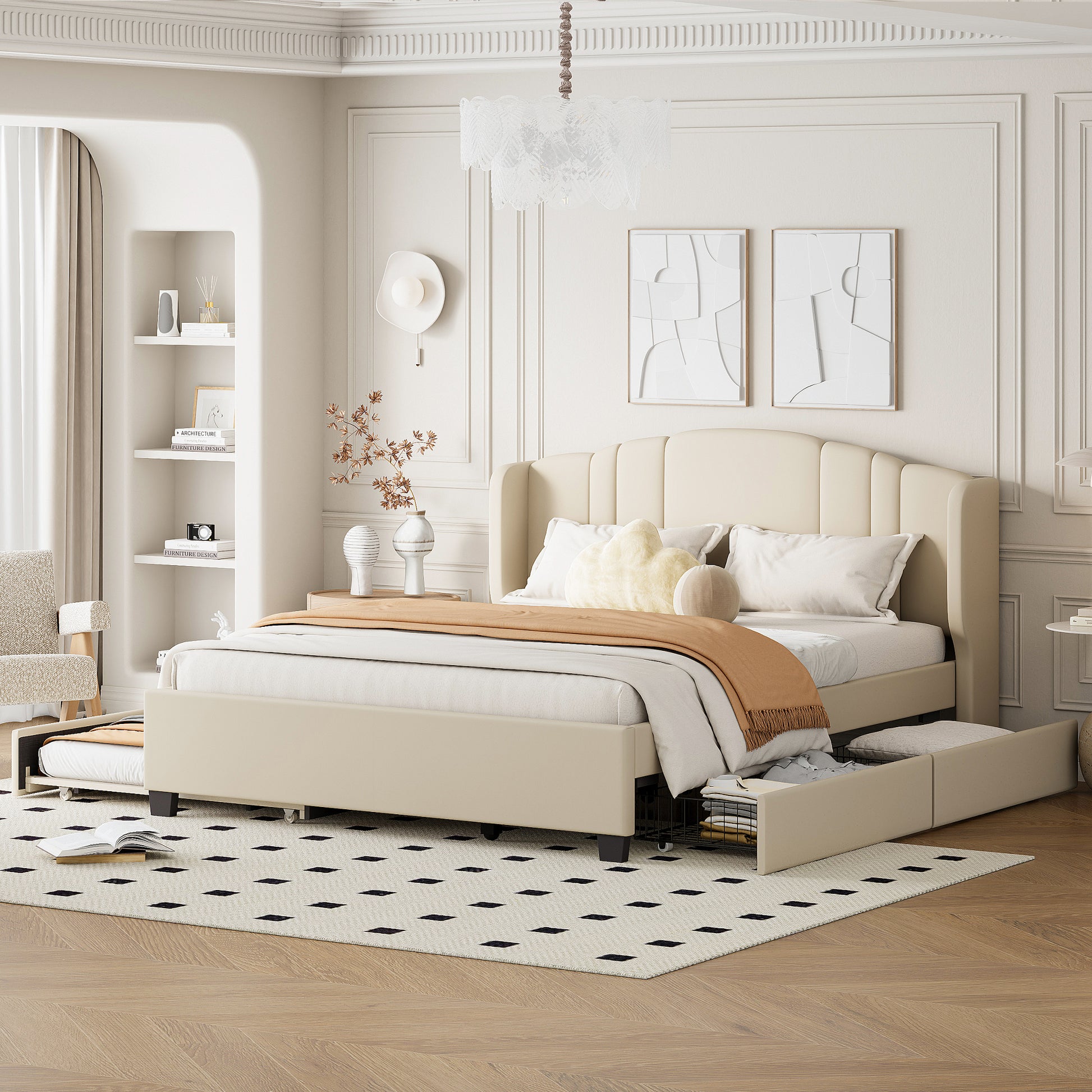 Upholstered Platform Bed with Wingback Headboard, One Twin Trundle and 2 Drawers, No Box Spring Needed, Linen Fabric, Queen Size, Beige image 3
