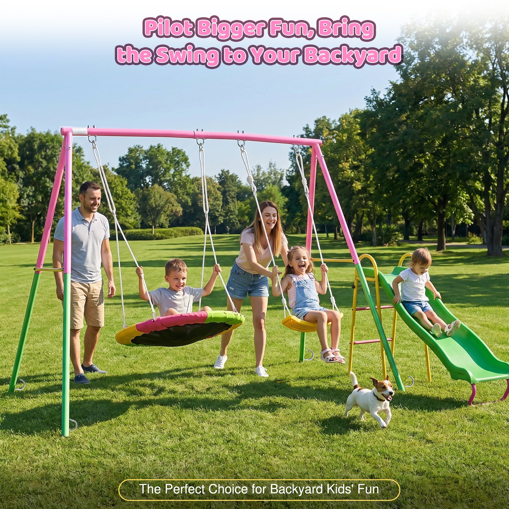 Swing Sets for Backyard with Kids Slide Outdoor Heavy-Duty Metal Playset 3 in 1 Swing Set with Slide image 4