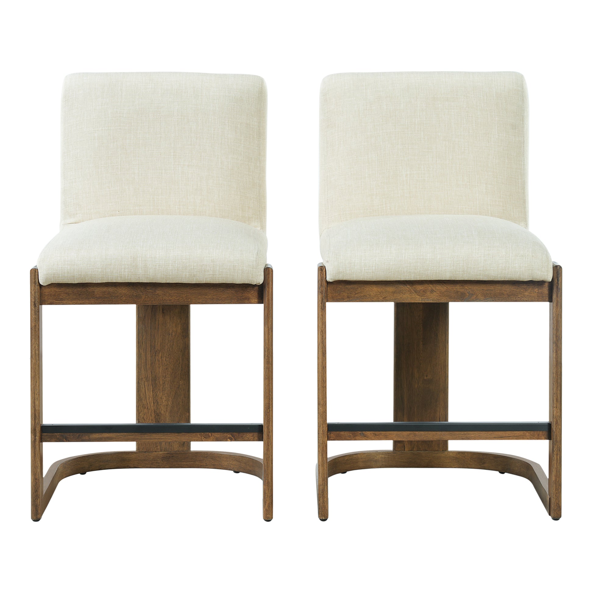 Modern Bar Stools Set of 2, 24" Solid Wood Counter Height Barstools, Linen Upholstered Kitchen Island Chair With Walnut-Finished Wood Legs for Home Bar Coffee Shop,Beige image 3