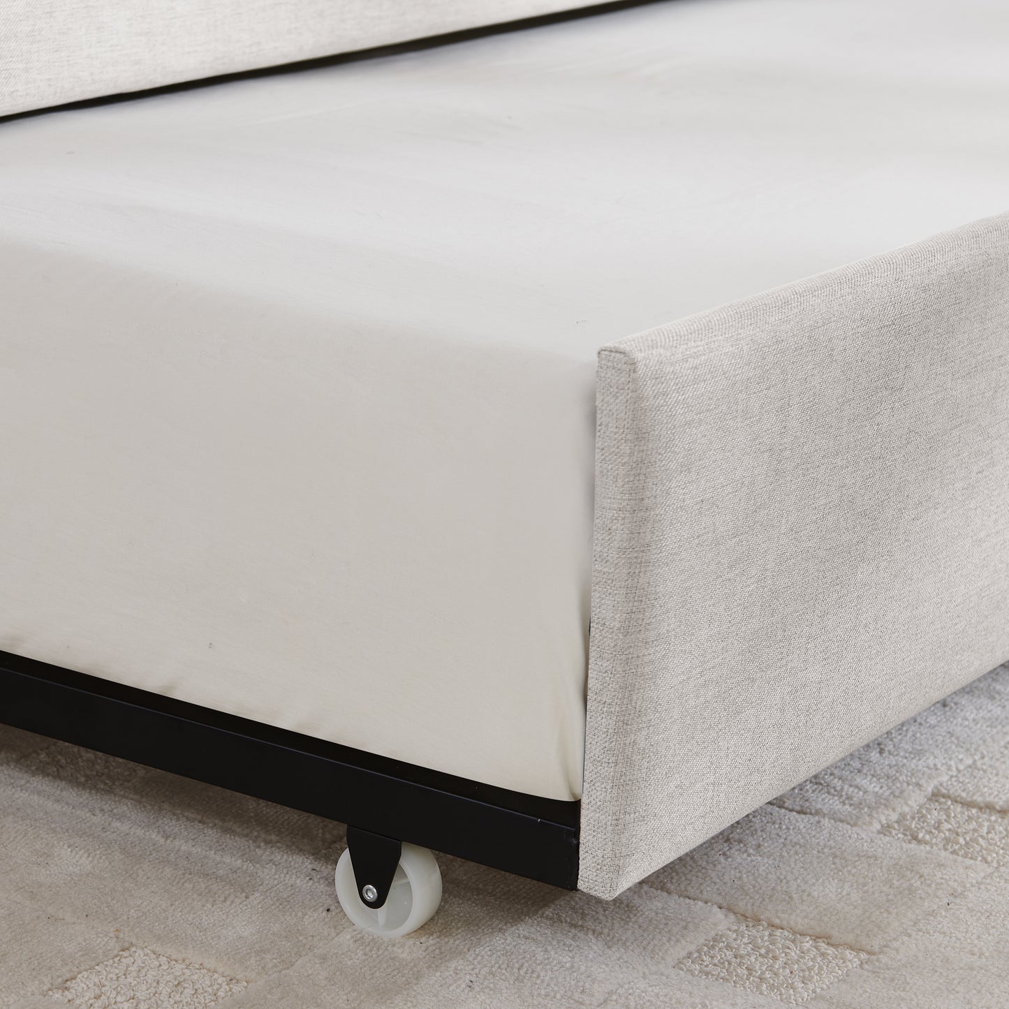 Full Size Daybed with Trundle Upholstered Sofa Bed, with Vertical Stripes, Linen Fabric, Beige (82.5"x58"x30") image 12