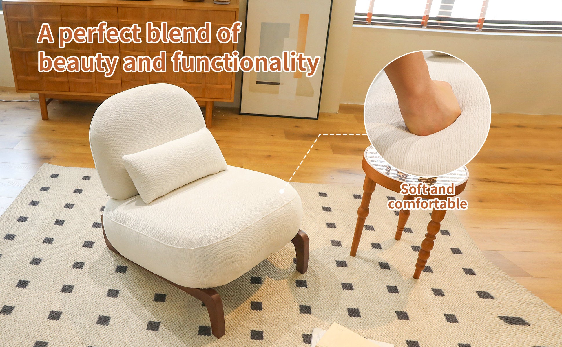 Cute Accent Chair with Solid Wood Legs, Living Room Chair with Soft Fabric Cushion, Cozy Bedroom Chair, Comfy Armless Reading Chair for Apartment, Waiting Room, Balcony,Set of 2 (White) image 8