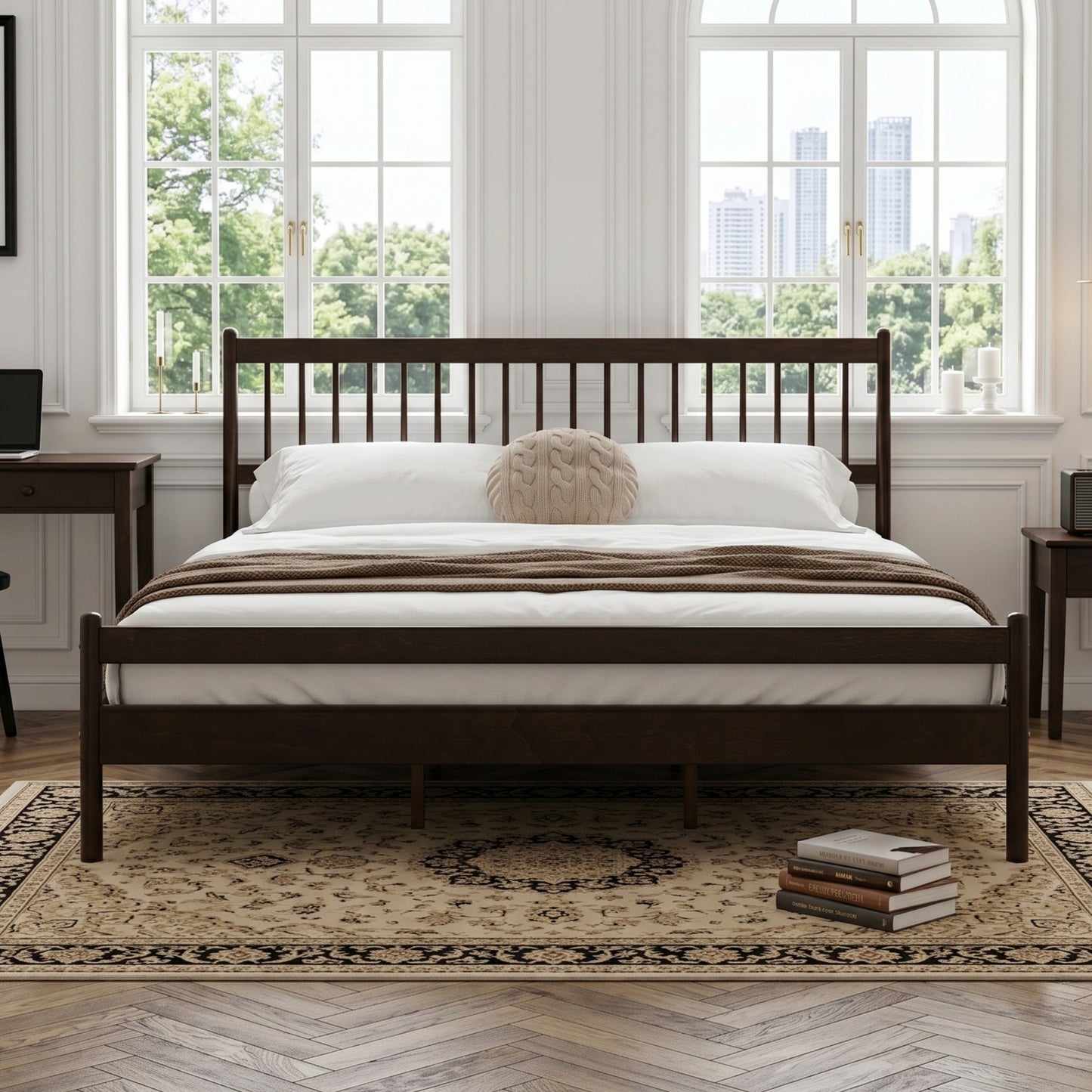 Traditional Style King Size Bed with Headboard and Footboard, Pinewood Bed with Strengthened Bed Frame,Brown image 1