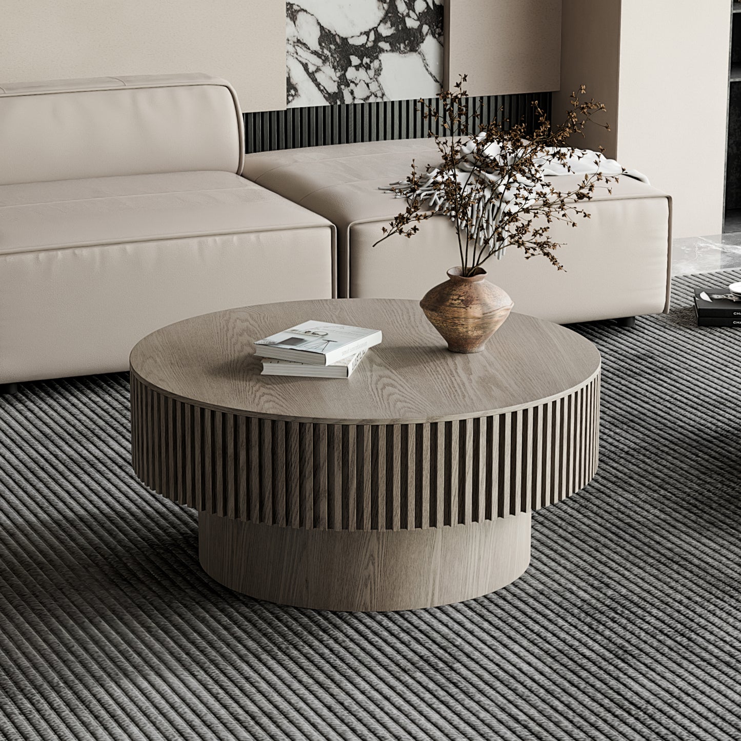 31.5'' Round Coffee Table with Storage Solid Wood Veneered Modern Coffee Table Accent Tea Table for Living Room, Bedroom, Apartment or Office, Grey image 2