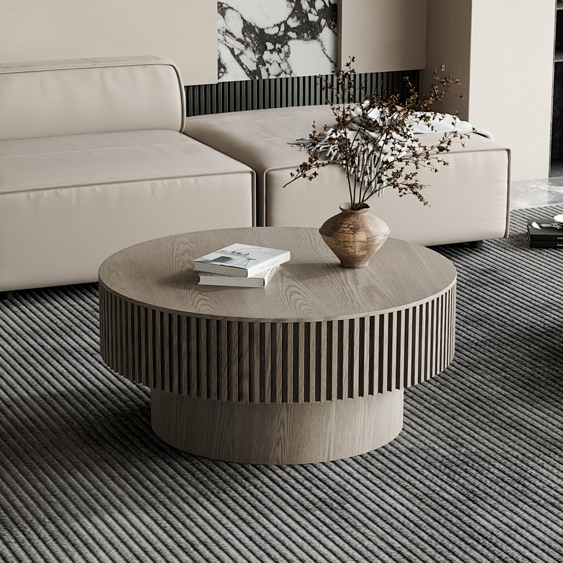 31.5'' Round Coffee Table with Storage Solid Wood Veneered Modern Coffee Table Accent Tea Table for Living Room, Bedroom, Apartment or Office, Grey image 2